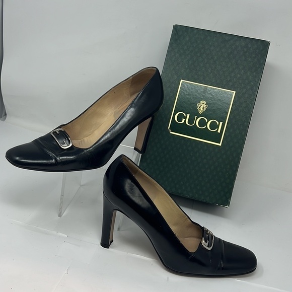 Gucci Sz 7.5B Black Leather Pumps - Picture 1 of 14